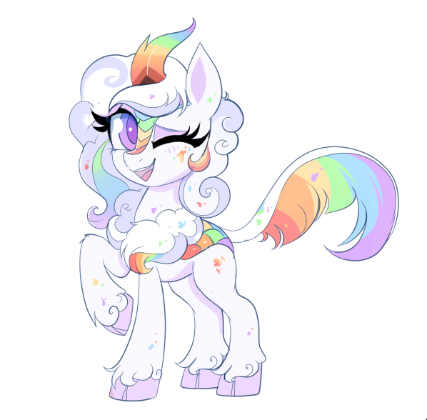 Size: 598x588 | Tagged: safe, artist:confetticakez, derpibooru import, oc, oc:cloudy canvas, kirin, cute, female, image, kirin oc, ocbetes, one eye closed, paint splatter, png, simple background, solo, unshorn fetlocks, white background