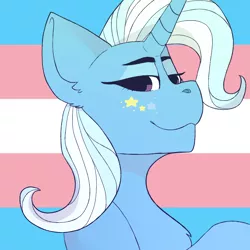Size: 1024x1024 | Tagged: safe, artist:jayliedoodle, banned from derpibooru, deleted from derpibooru, derpibooru import, trixie, pony, unicorn, bust, female, gender headcanon, image, lgbt headcanon, looking at you, mare, png, pride, pride flag, smug, solo, stars, trans female, trans trixie, transgender, transgender pride flag