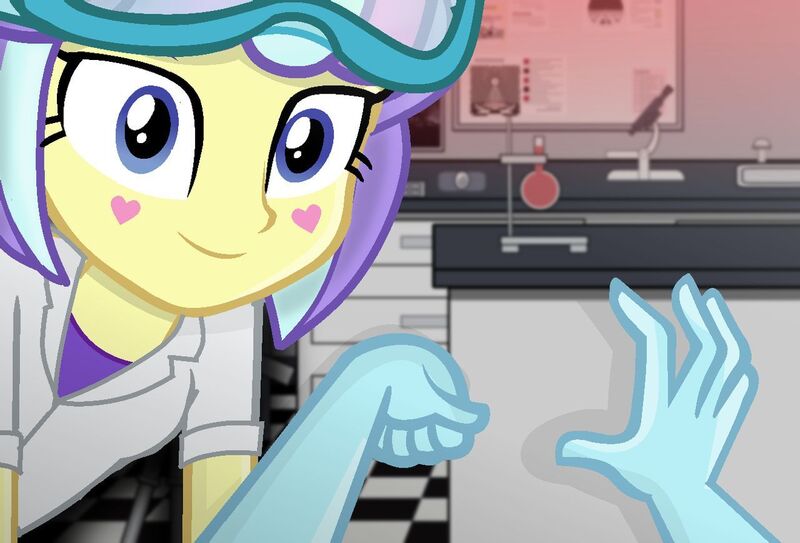 Size: 1280x869 | Tagged: safe, artist:grapefruitface1, derpibooru import, kiwi lollipop, supernova zap, equestria girls, base used, blue oyster cult, clothes, hand, k-lo, lab coat, laboratory, offscreen character, pov