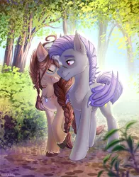 Size: 2400x3058 | Tagged: safe, artist:hakaina, derpibooru import, oc, oc:ondrea, oc:thunder run, unofficial characters only, bat pony, pegasus, pony, commission, forest, nuzzling, outdoors, thundrea, tree, walking, ych result