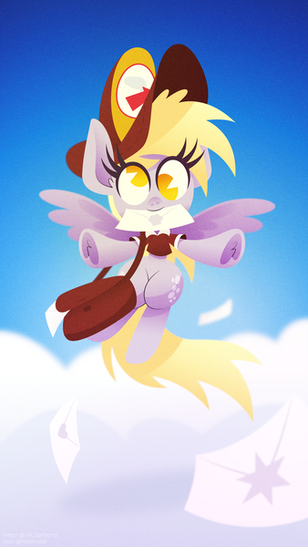 Size: 1440x2560 | Tagged: safe, artist:hazelnoods, artist:jw_cartoonist, derpibooru import, derpy hooves, pegasus, pony, cloud, collaboration, cute, derpabetes, ear fluff, female, flying, hat, letter, looking at you, mailmare, mailmare hat, mailmare uniform, mare, no pupils, pacman eyes, sky, solo