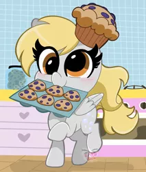 Size: 1745x2048 | Tagged: safe, artist:kittyrosie, derpibooru import, derpy hooves, pegasus, pony, blushing, cute, derpabetes, female, food, hat, kitchen, mare, mouth hold, muffin, oven, solo, that pony sure does love muffins, tray