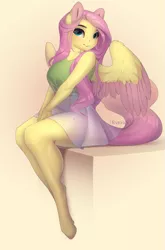 Size: 859x1300 | Tagged: safe, artist:evehly, derpibooru import, fluttershy, anthro, pegasus, unguligrade anthro, abstract background, adorasexy, beautiful, beautisexy, big breasts, blushing, breasts, busty fluttershy, catchlights, choker, chokershy, clothes, colored wings, colored wingtips, curvy, cute, digital art, female, hands in lap, hooves, image, leg focus, legs, lip bite, looking at you, miniskirt, png, redraw, sexy, shyabetes, sitting, sitting pretty, skirt, sleeveless, smiling, solo, thighs, two toned wings, wide hips, wings