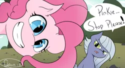 Size: 1980x1080 | Tagged: safe, artist:fabián art, derpibooru import, limestone pie, pinkie pie, earth pony, pony, cute, dialogue, diapinkes, duo, female, limestone is not amused, mare, pie sisters, rock farm, siblings, sisters, smiling