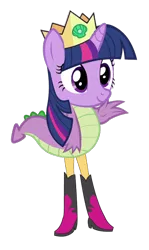 Size: 386x647 | Tagged: abomination, crown, derpibooru import, fusion, jewelry, legs, majestic as fuck, not salmon, regalia, safe, simple background, smiling, spike, standing, sunset shimmer, tail, transparent background, twilight sparkle, wat, waving, we have become one, what has science done