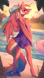 Size: 1688x3000 | Tagged: suggestive, artist:fensu-san, derpibooru import, oc, oc:spectrum dash, unofficial characters only, alicorn, anthro, unguligrade anthro, alicorn oc, breasts, clothes, coconut tree, female, hair tie, horn, inner tube, looking back, ponytail, see-through, solo, solo female, swimsuit, thong swimsuit, wings