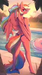 Size: 1688x3000 | Tagged: suggestive, artist:fensu-san, derpibooru import, oc, oc:spectrum dash, unofficial characters only, alicorn, anthro, unguligrade anthro, alicorn oc, bikini, breasts, clothes, coconut tree, female, hair tie, horn, inner tube, looking at you, looking back, looking back at you, ponytail, solo, solo female, swimming pool, swimsuit, wings