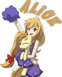 Size: 2513x3130 | Tagged: safe, artist:zacatron94, derpibooru import, oc, oc:alice goldenfeather, human, pegasus, pony, cheerleader outfit, clothes, holding a pony, human ponidox, humanized, one eye closed, self paradox, self ponidox, simple background, transparent background, vector, wink