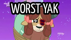 Size: 926x521 | Tagged: semi-grimdark, derpibooru import, edit, edited screencap, screencap, yona, she's all yak, abuse, abuse edit, background pony strikes again, black eye, crying, discovery family logo, op failed at starting shit, op is a duck, op is trying to start shit, op is trying to start shit so badly that it's kinda funny, op is wrong, sad, shitposting, worst pony, yonabuse