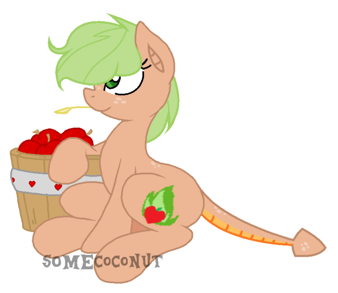 Size: 826x716 | Tagged: safe, artist:somecoconut, derpibooru import, oc, oc:apple wildfire, unofficial characters only, dracony, hybrid, pony, apple, apple basket, base used, basket, dragon tail, female, food, freckles, interspecies offspring, mare, offspring, parent:applejack, parent:spike, parents:applespike, simple background, sitting, solo, straw in mouth, transparent background