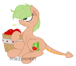 Size: 826x716 | Tagged: safe, artist:somecoconut, derpibooru import, oc, oc:apple wildfire, unofficial characters only, dracony, hybrid, pony, apple, apple basket, base used, basket, dragon tail, female, food, freckles, interspecies offspring, mare, offspring, parent:applejack, parent:spike, parents:applespike, simple background, sitting, solo, straw in mouth, transparent background