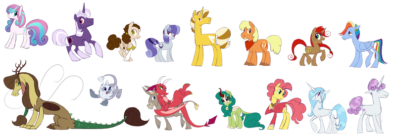 Size: 7472x2608 | Tagged: safe, artist:varwing, derpibooru import, li'l cheese, princess flurry heart, oc, oc:apple jam, oc:athena (varwing), oc:berry brown, oc:clear, oc:glory, oc:ida red, oc:leaflitter, oc:pacifica rose, oc:purple dusk, oc:rainbow brush, oc:spring blossom, donkey, draconequus, dragon, earth pony, gryphon, hybrid, kirin, pegasus, pony, unicorn, the last problem, absurd resolution, female, interspecies offspring, male, mare, offspring, older, parent:applejack, parent:bellhop pony, parent:discord, parent:donut joe, parent:fancypants, parent:flash sentry, parent:fleur-de-lis, parent:fluttershy, parent:rarity, parent:surprise, parent:trenderhoof, parent:twilight sparkle, parents:discoshy, parents:fancyfleur, parents:flashlight, parents:trenderjack, simple background, stallion, white background