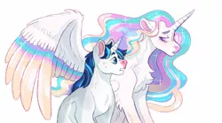 Size: 1280x712 | Tagged: safe, artist:mylittlegami, derpibooru import, princess celestia, shining armor, alicorn, pony, unicorn, chest fluff, colored wings, duo, female, male, mare, simple background, stallion, story included, white background, wings