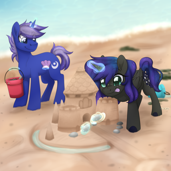 Size: 3500x3500 | Tagged: safe, artist:dreamy, artist:littledreamycat, derpibooru import, oc, oc:lunaris, oc:new moon, alicorn, pony, unicorn, beach, colt, commission, female, filly, magic, male, mare, oyster, parent:princess luna, sandcastle, siblings, stallion, sunny day