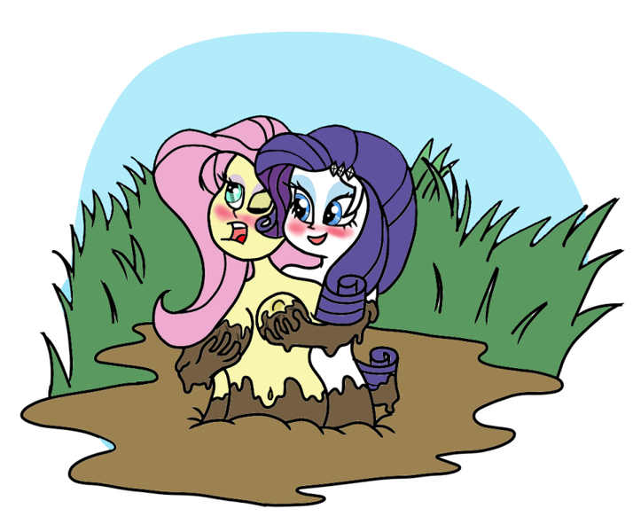 Size: 800x672 | Tagged: questionable, artist:amateur-draw, derpibooru import, fluttershy, rarity, equestria girls, aroused, belly button, blushing, breast grab, breasts, female, flarity, from behind, grope, lesbian, moaning, moaning in pleasure, mud, muddy, nipples, nudity, peril, quicksand, shipping, wet and messy