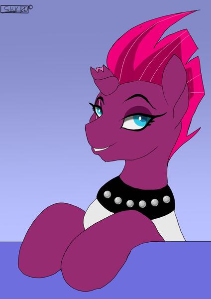 Size: 2048x2896 | Tagged: safe, artist:skyline19, derpibooru import, fizzlepop berrytwist, tempest shadow, unicorn, broken horn, choker, eye scar, female, horn, image, jpeg, scar, smiling, solo, spiked choker