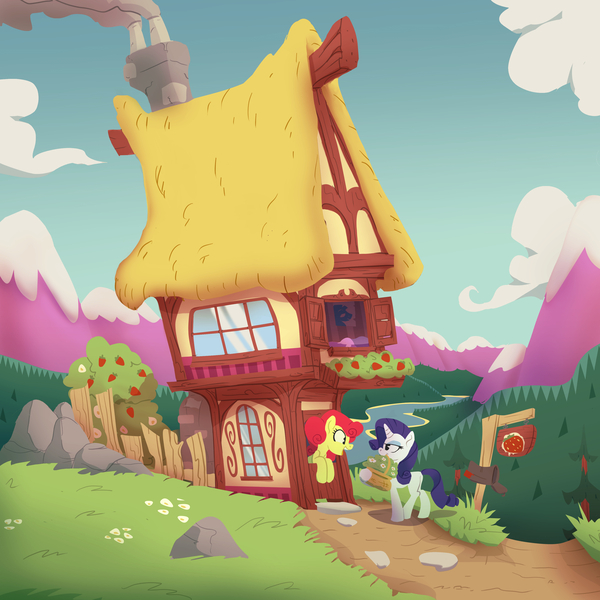 Size: 3500x3500 | Tagged: safe, artist:jimmyjamno1, derpibooru import, rarity, strawberry sunrise, bed, bush, chimney, cloud, cottage, fence, flower, food, garden, grass, mailbox, mountain, poster, river, rock, scenery, smoke, strawberry, surprised, tree, window