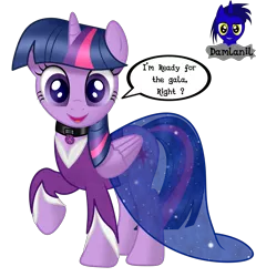 Size: 3840x4154 | Tagged: safe, artist:damlanil, derpibooru import, twilight sparkle, twilight sparkle (alicorn), alicorn, pony, clothes, collar, comic, cute, cutie mark collar, dress, female, horn, latex, looking at you, makeup, mare, raised hoof, rubber, see-through, see-through skirt, shiny, shiny mane, show accurate, simple background, skirt, solo, talking to viewer, transparent background, twiabetes, vector, wings