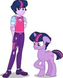 Size: 3233x4000 | Tagged: safe, artist:orin331, derpibooru import, sci-twi, twilight sparkle, ponified, pony, unicorn, equestria girls, :t, arm behind back, bowtie, clothes, cutie mark, cutie mark on clothes, dusk shine, equestria girls ponified, equestria guys, floppy ears, geode of telekinesis, high res, human ponidox, magical geodes, male, missing accessory, no glasses, pants, raised hoof, rule 63, sci-dusk, self paradox, self ponidox, shirt, shoes, simple background, stallion, sweater vest, transparent background, unicorn sci-dusk, unicorn sci-twi