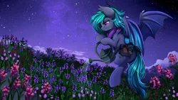 Size: 2920x1642 | Tagged: safe, artist:pridark, derpibooru import, oc, unofficial characters only, bat pony, pony, bat pony oc, bat wings, commission, flying, mountain, night, night sky, scenery, sky, solo, stars, watering can, wings