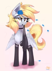 Size: 2888x3945 | Tagged: safe, artist:nevobaster, derpibooru import, derpy hooves, pegasus, pony, abstract background, adorasexy, black socks, blue rose, clothes, cute, derp, female, flower, flower in hair, mare, mouth hold, pale belly, rose, sexy, socks, stockings, stupid sexy derpy, thigh highs, two toned wings, wings