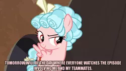 Size: 1280x720 | Tagged: safe, derpibooru import, edit, edited screencap, editor:jaredking203, screencap, cozy glow, pegasus, pony, frenemies (episode), bow, caption, female, filly, freckles, image macro, meme, red eyes, solo, text