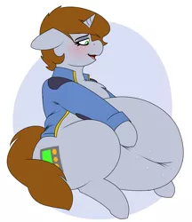 Size: 2585x2993 | Tagged: suggestive, artist:coatieyay, derpibooru import, oc, oc:littlepip, unofficial characters only, pony, unicorn, fallout equestria, belly, belly button, belly freckles, big belly, blushing, chest fluff, clothes, fat, fatlout equestria, female, freckles, mare, not so little pip, obese, sitting, vault suit