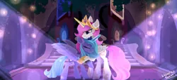 Size: 3500x1600 | Tagged: accessories, alicorn, artist:liquorice_sweet, castle of the royal pony sisters, cute, derpibooru import, ear fluff, embrace, everfree forest, female, hug, leg fluff, night, princess celestia, princess luna, royal sisters, safe, siblings, sisters, throne, throne room