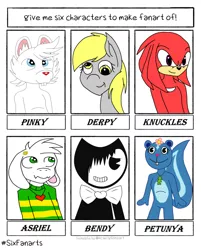 Size: 1620x2016 | Tagged: safe, artist:bestsmithisthe, derpibooru import, derpy hooves, anthro, echidna, goat, mouse, pegasus, pony, skunk, six fanarts, anthro with ponies, asriel dreemurr, bendy and the ink machine, bust, clothes, crossover, female, flower, flower in hair, happy tree friends, knuckles the echidna, male, mare, petunia (happy tree friends), pinky and the brain, smiling, sonic the hedgehog (series), undertale