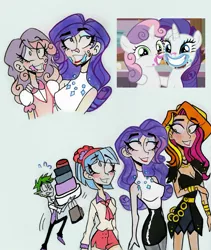 Size: 1747x2073 | Tagged: artist:citi, belle sisters, coco pommel, derpibooru import, forever filly, human, humanized, messy eating, rarity, safe, sassy saddles, scene interpretation, screencap, screencap reference, spike, sweetie belle