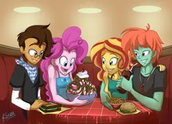 Size: 1600x1151 | Tagged: safe, artist:moostargazer, derpibooru import, pinkie pie, sunset shimmer, oc, oc:copper plume, oc:ruby sword, equestria girls, burger, canon x oc, chocolate syrup, clothes, commission, commissioner:imperfectxiii, copperpie, diner, double date, drink, female, food, freckles, french fries, glasses, hamburger, ice cream, jewelry, male, neckerchief, necklace, sandwich, shipping, shirt, sleeveless, smiling, soda, straight, sundae, sunsword
