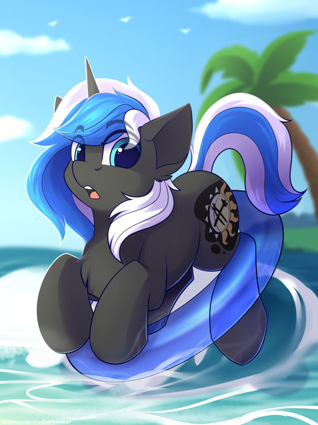 Size: 1500x2000 | Tagged: safe, artist:shadowreindeer, derpibooru import, oc, oc:equui-nox, unofficial characters only, unicorn, commission, inflatable, inner tube, palm tree, solo, tree, water, your character here