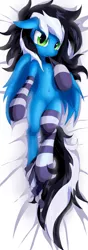 Size: 2100x6000 | Tagged: suggestive, artist:definisher, derpibooru import, oc, oc:buffonsmash, unofficial characters only, pegasus, pony, bed, biting, black, blue, body pillow, clothes, colored, cute, dakimakura cover, digital art, eyes open, grey socks, laying on bed, looking at you, male, on bed, shading, socks, solo, stallion, striped socks, white