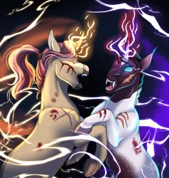 Size: 2922x3063 | Tagged: semi-grimdark, artist:blackblood-queen, derpibooru import, oc, oc:demetrius crow, oc:jasper quartz, unofficial characters only, bat pony, bat pony unicorn, hybrid, pony, unicorn, blood, digital art, fangs, female, fight, glowing eyes, glowing horn, heterochromia, horn, magic, male, mare, rearing, scar, stallion, unicorn oc