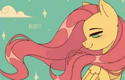 Size: 1280x820 | Tagged: safe, artist:plinckyctt, derpibooru import, fluttershy, pegasus, pony, blushing, bust, cloud, female, folded wings, head turn, lidded eyes, looking down, mare, no pupils, profile, smiling, solo, wind, windswept mane, wings