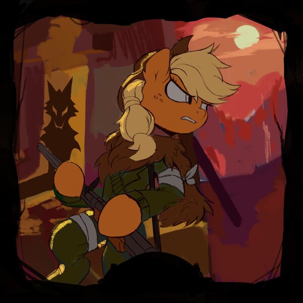 Size: 2008x2008 | Tagged: safe, artist:drtuo4, derpibooru import, applejack, earth pony, pony, werewolf, applejack's hat, armor, bandage, bandolier, cowboy hat, female, gun, hat, hunter, monster hunter, offscreen character, ponytail, shadow, silhouette, sketch, solo, weapon