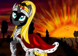 Size: 1400x1000 | Tagged: safe, artist:katya, derpibooru import, oc, oc:sombra light, oc:sparkle light, unicorn, armor, autumn, cape, clothes, crown, female, jewelry, long hair, regalia, shadow, solo, sunset, tree