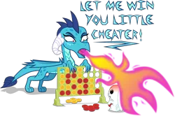 Size: 6969x4614 | Tagged: safe, artist:kmlp, derpibooru import, angel bunny, princess ember, dragon, rabbit, angry, animal, connect four, fire, simple background, sore loser, this will end in death, transparent background, vector