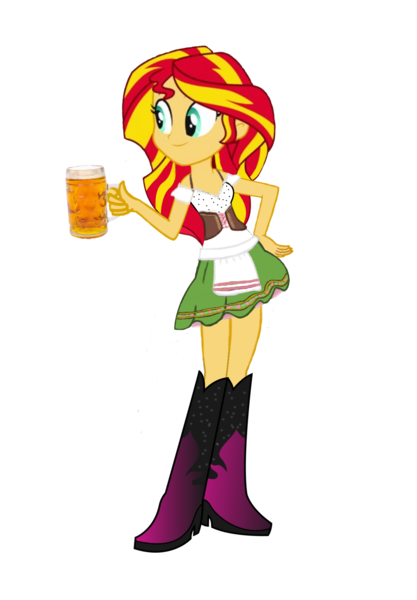 Size: 1287x1850 | Tagged: suggestive, artist:nightred15, derpibooru import, edit, edited edit, editor:nightred15, sunset shimmer, equestria girls, adorable face, alcohol, background removed, barmaid, beer, boots, clothes, cute, dirndl, dress, female, holding a beer, irish, shimmerbetes, shirt, shoes, simple background, smiley face, smiling, solo, transparent background, waitress