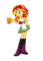 Size: 1287x1850 | Tagged: suggestive, artist:nightred15, derpibooru import, edit, edited edit, editor:nightred15, sunset shimmer, equestria girls, adorable face, alcohol, background removed, barmaid, beer, boots, clothes, cute, dirndl, dress, female, holding a beer, irish, shimmerbetes, shirt, shoes, simple background, smiley face, smiling, solo, transparent background, waitress