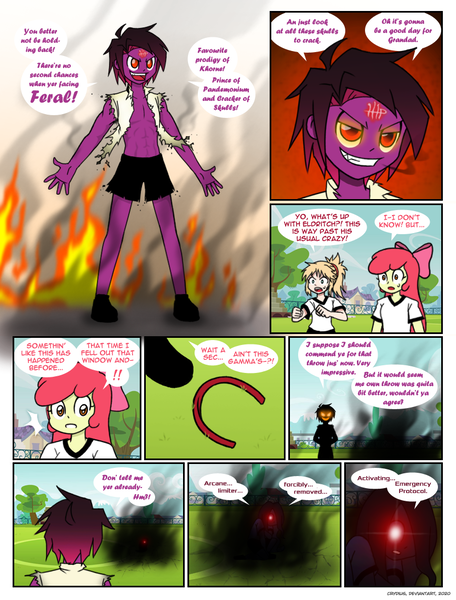 Size: 832x1094 | Tagged: safe, artist:crydius, derpibooru import, apple bloom, oc, oc:eldritch, oc:feral (crydius), oc:gamma, comic:the first year's dodgeball competition, equestria girls, magical lesbian spawn, offspring, parent:oc:crydius, parent:sci-twi, parent:sunset shimmer, parent:tempest shadow, parents:canon x oc, parents:crydiusshadow, parents:scitwishimmer, speech bubble, well that escalated quickly, xk-class end-of-the-world scenario