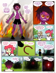 Size: 832x1094 | Tagged: safe, artist:crydius, derpibooru import, apple bloom, oc, oc:eldritch, oc:feral (crydius), oc:gamma, comic:the first year's dodgeball competition, equestria girls, magical lesbian spawn, offspring, parent:oc:crydius, parent:sci-twi, parent:sunset shimmer, parent:tempest shadow, parents:canon x oc, parents:crydiusshadow, parents:scitwishimmer, speech bubble, well that escalated quickly, xk-class end-of-the-world scenario