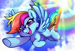 Size: 3078x2118 | Tagged: safe, artist:techycutie, derpibooru import, rainbow dash, pegasus, pony, double rainboom, cloud, dive, female, flying, lightly watermarked, open mouth, rainbow trail, sky, solo, sonic rainboom, sun, sunshine, water droplet, watermark