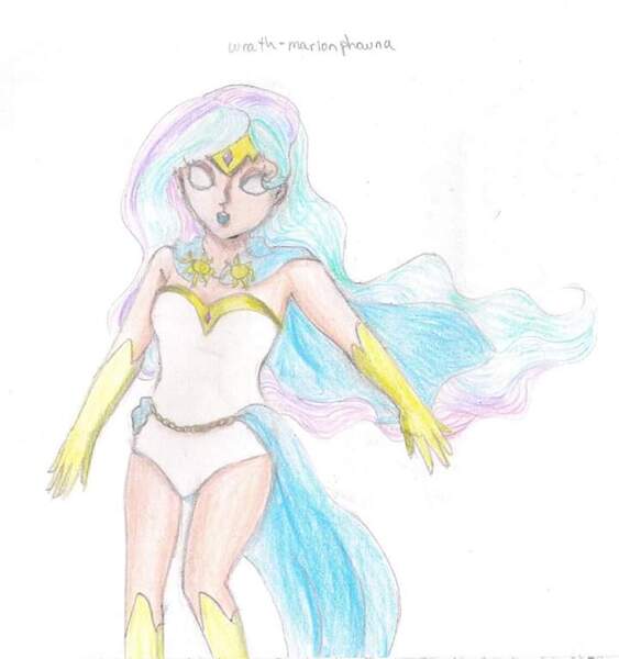 Size: 720x767 | Tagged: safe, artist:wrath-marionphauna, derpibooru import, princess celestia, human, boots, cape, clothes, colored pencil drawing, female, gloves, humanized, jewelry, leotard, lipstick, shoes, solo, superhero, tiara, traditional art, white eyes