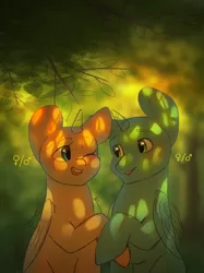 Size: 2150x2876 | Tagged: safe, artist:klooda, derpibooru import, pony, advertisement, advertising, any gender, any race, commission, couple, cute, detailed, detailed background, forest, forest background, halfbody, happy, holding hooves, leaf, leaves, looking at each other, male, one eye closed, open mouth, smiley face, smiling, stallion, tree, wink, ych example, your character here