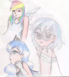 Size: 720x798 | Tagged: safe, artist:wrath-marionphauna, derpibooru import, princess luna, rainbow dash, vinyl scratch, human, clothes, colored pencil drawing, crown, ear piercing, earring, eyes closed, humanized, jewelry, peace sign, piercing, regalia, sunglasses, traditional art, winged humanization, wings