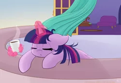 Size: 1900x1300 | Tagged: safe, artist:twistare, derpibooru import, twilight sparkle, twilight sparkle (alicorn), alicorn, pony, balcony, coffee, coffee mug, curtains, cute, eyes closed, female, floppy ears, magic, mare, morning, morning ponies, mug, sleeping, sleepy, solo, telekinesis, twiabetes, twilight's castle