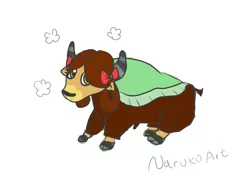 Size: 1390x1000 | Tagged: safe, artist:wrath-marionphauna, derpibooru import, yona, yak, bow, cloven hooves, cute, digital art, female, hair bow, looking at you, monkey swings, simple background, solo, white background, yonadorable