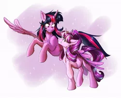 Size: 1024x826 | Tagged: safe, artist:crazy-leg, derpibooru import, starlight glimmer, twilight sparkle, twilight sparkle (alicorn), alicorn, pony, unicorn, abstract background, female, flying, hug, looking at each other, mare, one hoof raised, smiling, sparkles, winghug