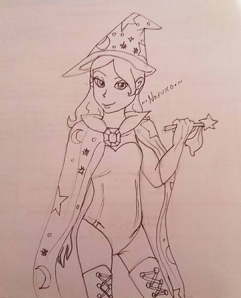 Size: 777x960 | Tagged: questionable, artist:wrath-marionphauna, derpibooru import, trixie, human, boots, cape, clothes, corset, crossover, gloves, hat, humanized, leotard, pen drawing, shoes, smiling, traditional art, trixie's cape, trixie's hat, wand